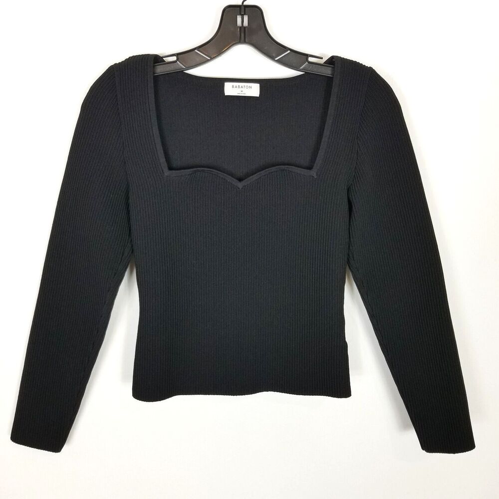 Babaton Black Ribbed Long Sleeve Knit Top